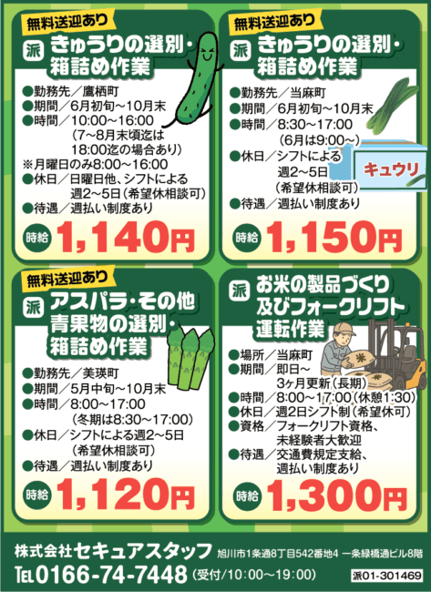 きゅうりの選別・箱詰め作業[派]きゅうりの選別・箱詰め作業[派]アスパラ・その他青果物の選別・箱詰め作業[派]お米の製品づくり及びフォークリフト運転作業[派]