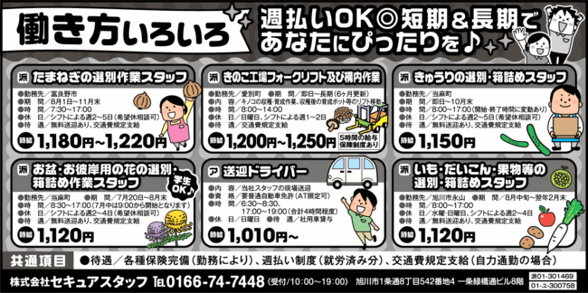 たまねぎの選別作業スタッフ[派]きのこ工場フォークリフト及び構内作業[派]きゅうりの選別・箱詰めスタッフ[派]お盆・お彼岸用の花の選別・箱詰め作業スタッフ[派]いも・だいこん・果物等の選別・箱詰めスタッフ[派]送迎ドライバー[ア]