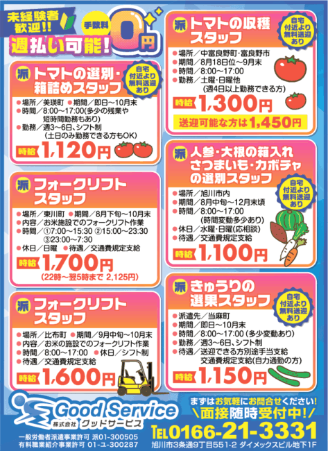 トマトの選別・箱詰めスタッフ[派]トマトの収穫スタッフ[派]フォークリフトスタッフ[派]人参・大根の箱入れ さつまいも・カボチャの選別スタッフ[派]きゅうりの選果スタッフ[派]