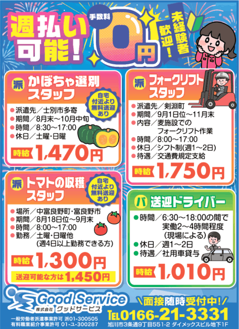 かぼちゃ選別スタッフ[派]フォークリフトスタッフ[派]トマトの収穫スタッフ[派]送迎ドライバー[パ]
