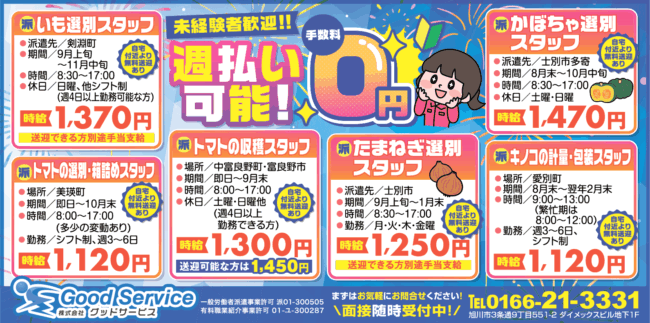 いも選別スタッフ[派]トマトの選別・箱詰めスタッフ[派]トマトの収穫スタッフ[派]たまねぎ選別スタッフ[派]かぼちゃ選別スタッフ[派]キノコの計量・包装スタッフ[派]