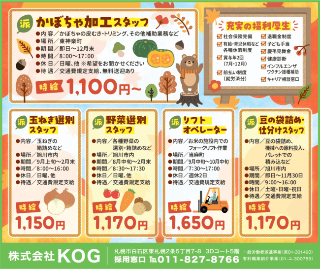 かぼちゃ加工スタッフ[派]玉ねぎ選別スタッフ[派]野菜選別スタッフ[派]リフトオペレーター[派]豆の袋詰め・仕分けスタッフ[派]