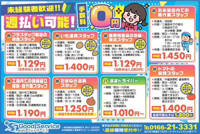 プラスチック製品の検査スタッフ[派]いも選別スタッフ[派]医療用製品の包装・検品スタッフ[派]お米施設内での軽作業スタッフ[派]工場内での機械組立補助・軽作業スタッフ[派]たまねぎ選別スタッフ[派]送迎ドライバー[パ]トマトの収穫スタッフ[派]